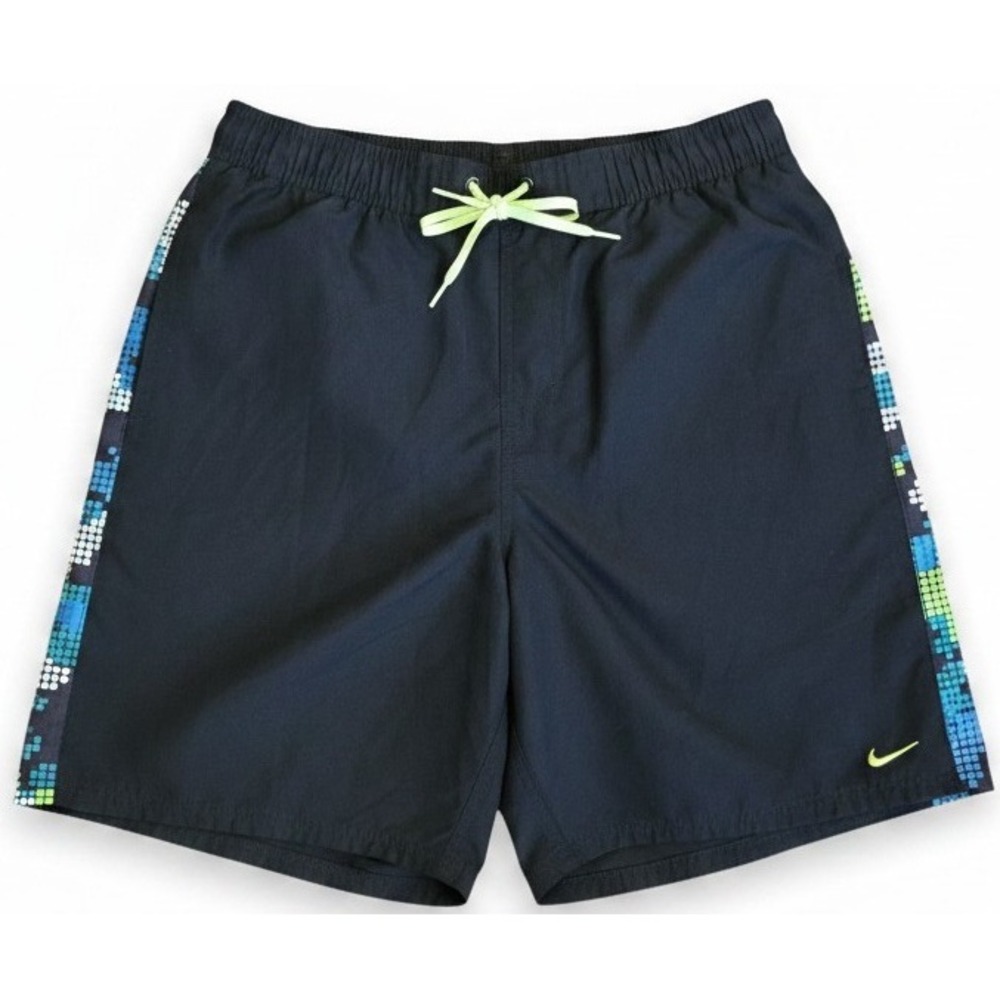 Nike‎ Mens Medium Black Swim Trunks Board Shorts Neon Drawstring Logo Beach
